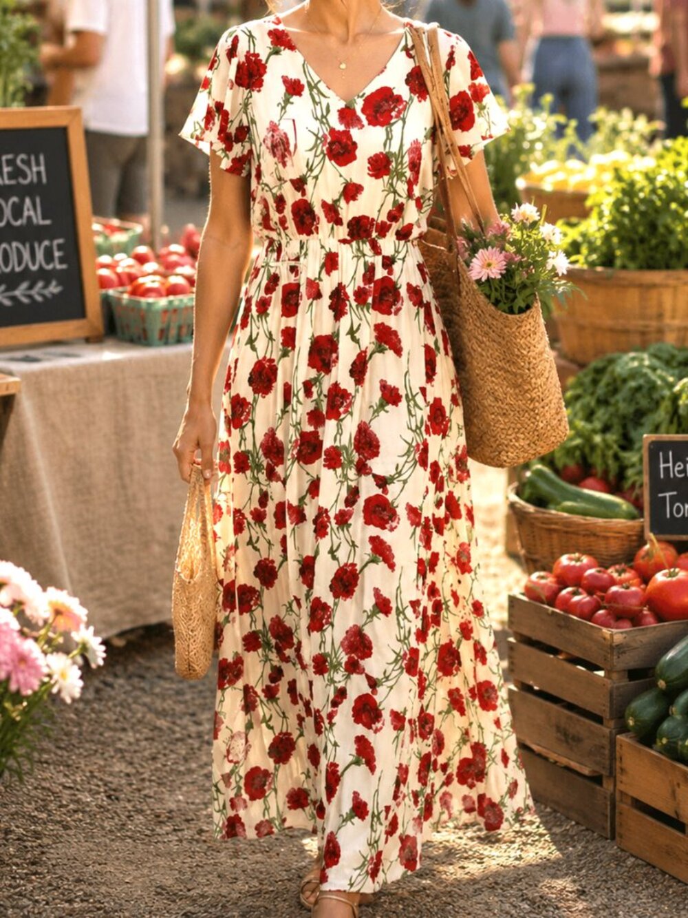 KAILEIGH Red Carnation Floral Print Maxi / Tea Length Dress